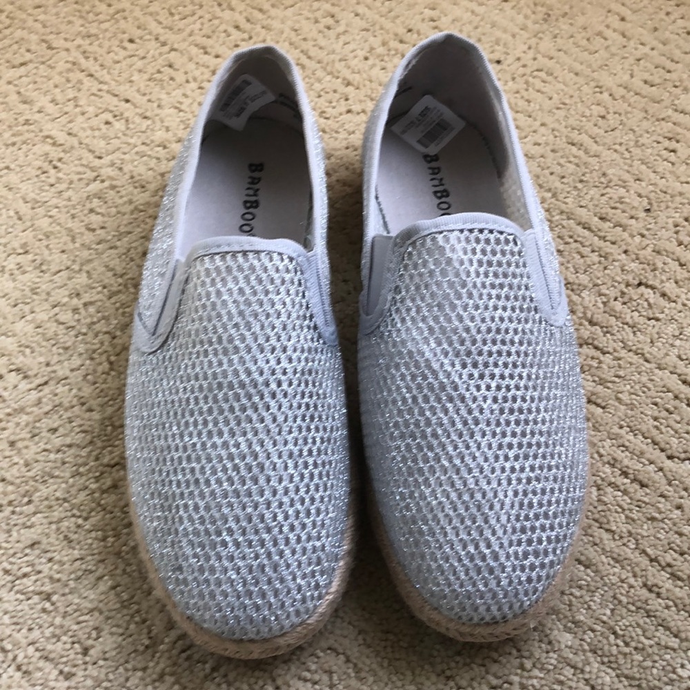 NWOT grey silver shimmering slip on coir base shoe